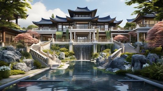 新中式庭院别墅高清图片