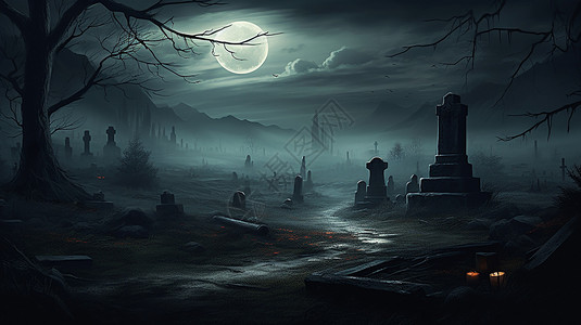 满月下的墓地背景图片