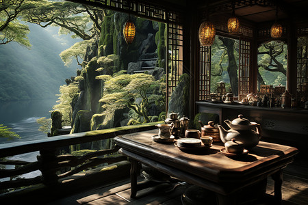 茶馆与竹林背景图片