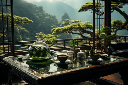 中式桌子茶具山中茶屋温静景状设计图片