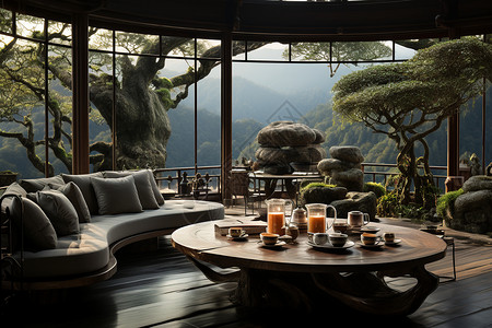 云雾山间的中式茶馆图片