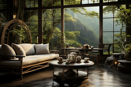 森林云雾森林中的禅意茶馆设计图片
