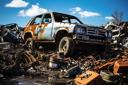 荒废废墟废墟里的汽车和垃圾背景