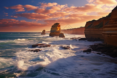 悬崖海洋的日落景观图片