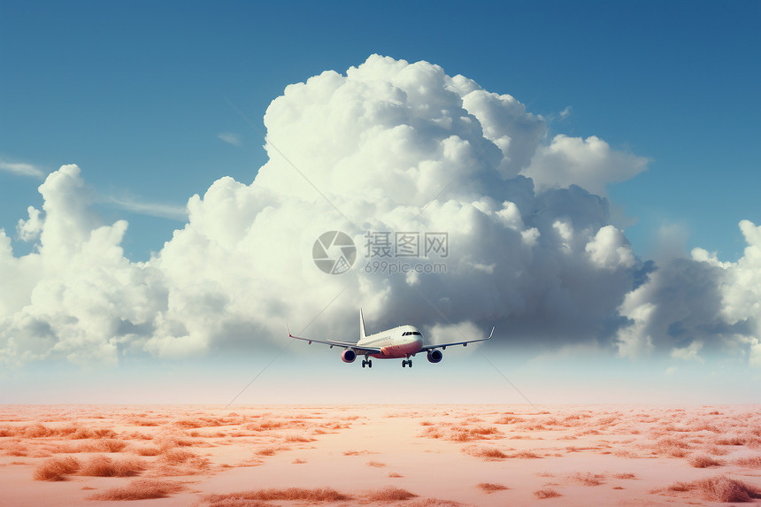 梦幻云朵中飞行的飞机图片