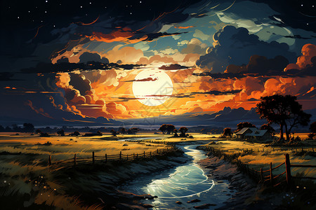 月亮与云与田野神秘梦幻的乡村田野创意插图插画