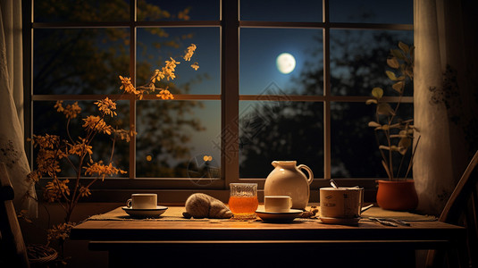 中秋赏月茶具与坐在窗户边赏月插画