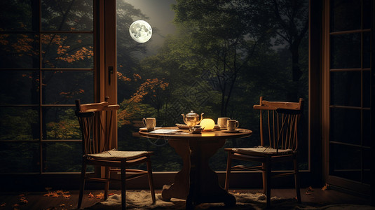 中秋赏月茶具与月光照进窗户落在桌子上插画