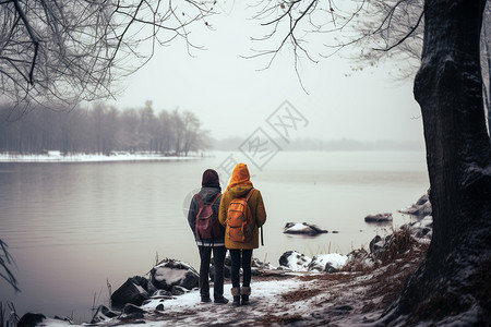 湖泊散步的姐妹俩高清图片