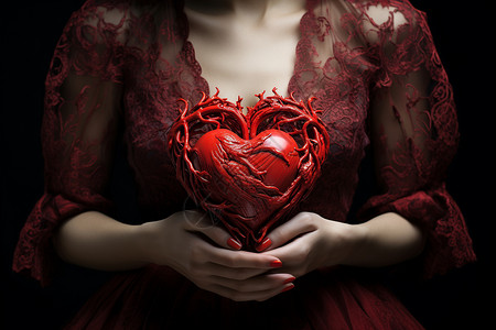 女人手里有一颗红色的心背景图片