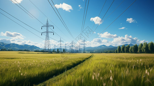 绿色电网广阔草地上的高压线塔插画