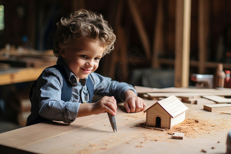 喜爱木匠工具的小男孩高清图片