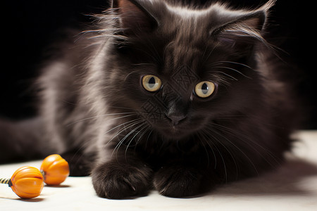 黑色猫咪躺在桌子旁图片