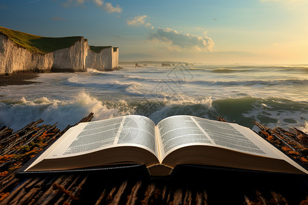 户外海滩上翻开的书籍背景图片