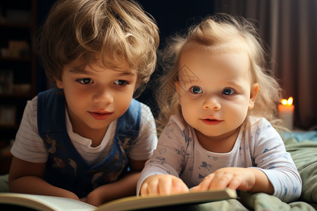 两个孩子躺在床上一起读书背景图片