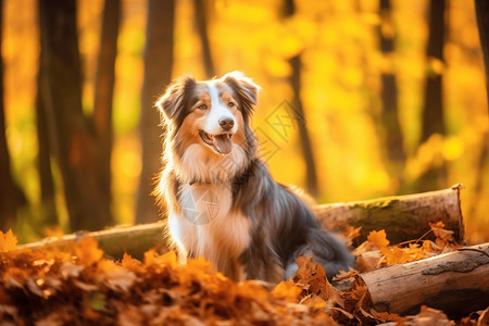 枯叶上的金毛犬图片