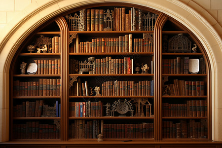 堆满书籍的弧形古典书架背景图片