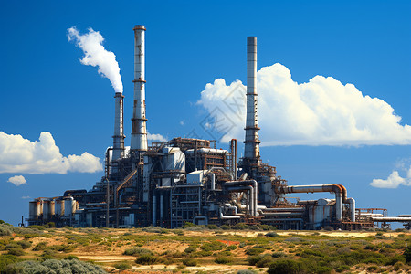 工厂与烟囱上方的蓝天白云背景图片