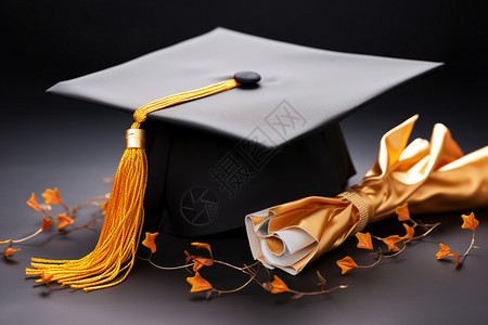 橙色书本毕业帽和流苏在黑色背景上和周围的橙色花朵背景