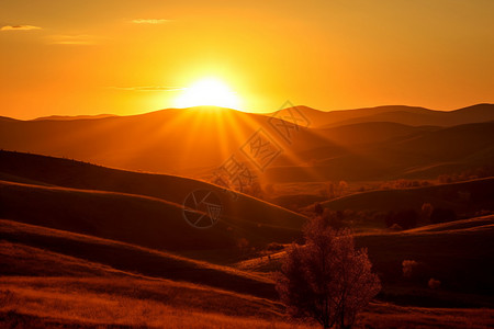 丘陵的日落景色图片