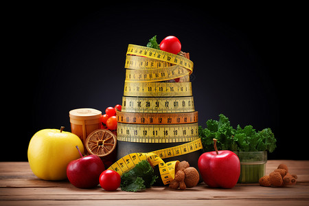 营养金字塔桌子上有很多水果蔬菜背景