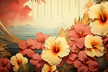 红色木槿花夕阳下的热带风情插画