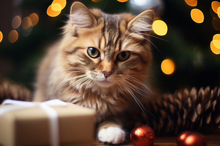 圣诞树旁的猫咪与礼物图片