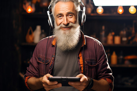 灰胡子老人带着耳机手拿平板开心地微笑着背景