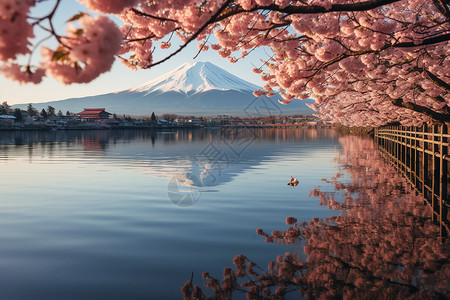 湖水旁边的美丽樱花树图片