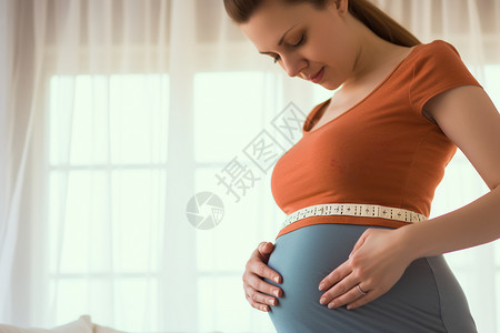 孕妇在窗边测量腰围图片