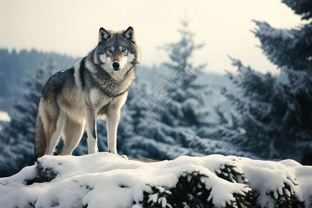 灰色树木雪地上有一只狼背景