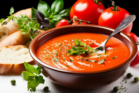 碗中的番茄汤和番茄蔬菜高清图片