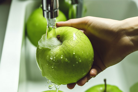 冲洗水果水流中的青苹果背景
