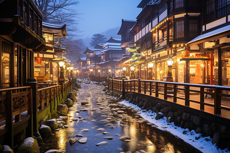 冬夜雪景房子前有一条河流背景