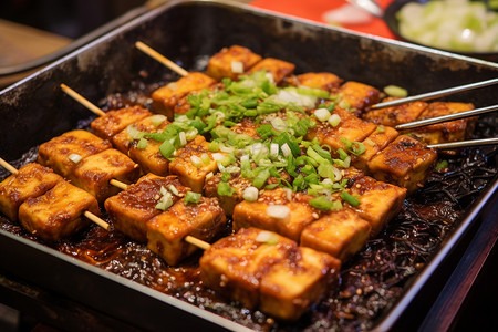 炸鱼豆腐串美味的豆腐串背景