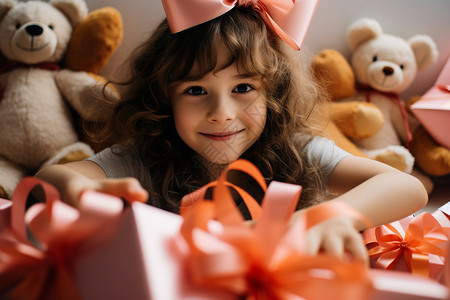 毛绒玩具堆前坐着一位小女孩高清图片