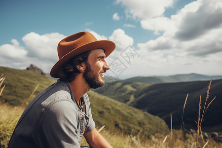 夏季山顶草地上惬意的男子图片