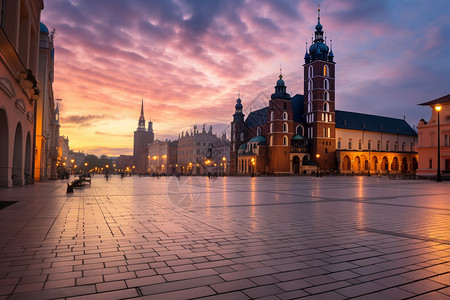 夕阳余晖下的教堂广场背景图片