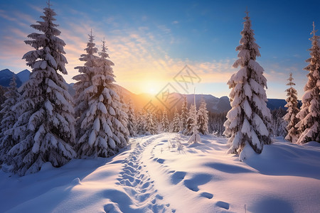 日出下的山间雪景图片