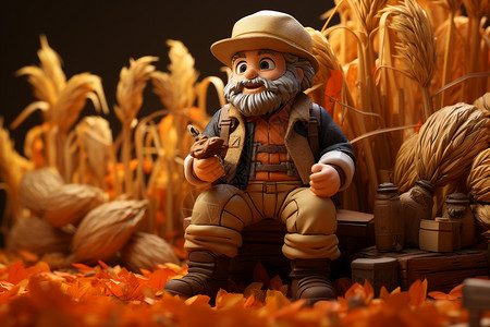 秋季麦田中的农夫卡通插图背景图片