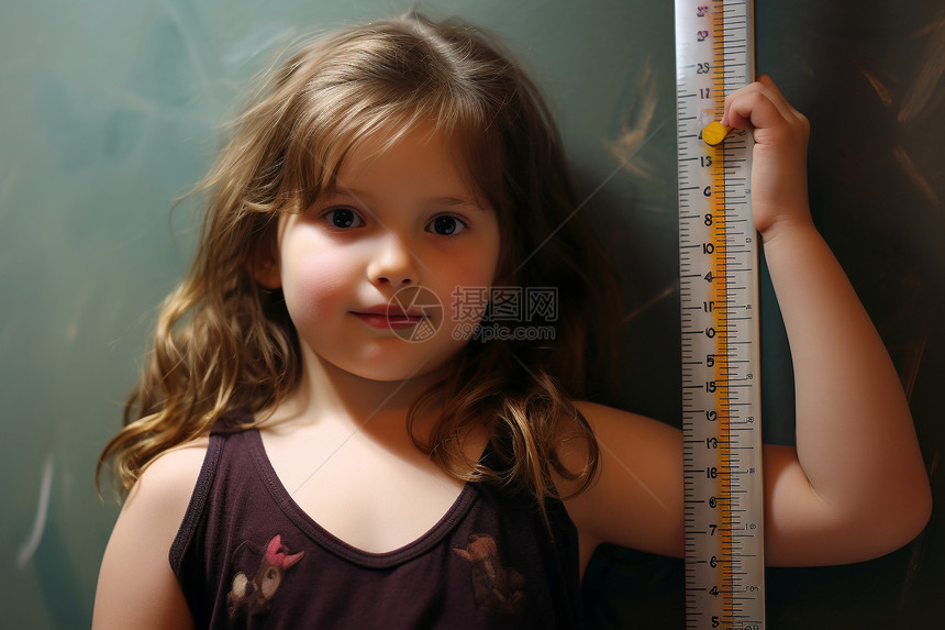 测量尺旁量身高的女孩图片