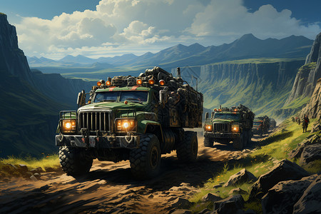 军用素材卡车的矿山历险插画