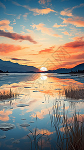 湖泊上的日落景观高清图片