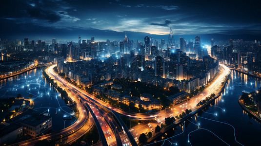 景观灯光数字化科技城市景观插画