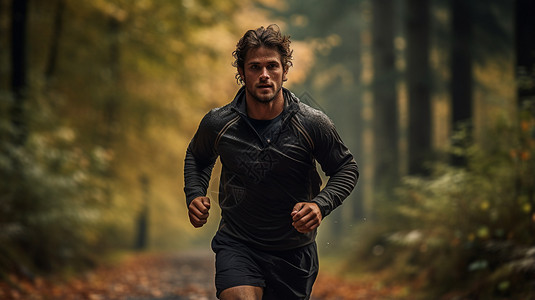 丛林中晨跑的男子背景图片