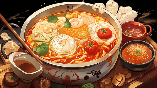 番茄嫩豆腐汤传统美食的番茄汤火锅插画
