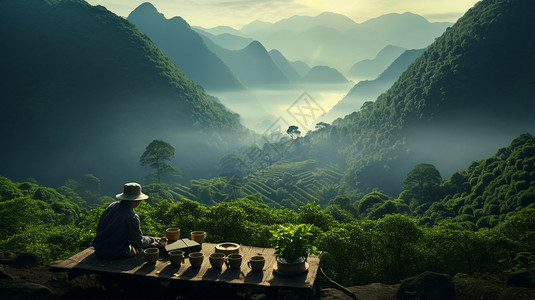 山谷中茶园中的茶农图片