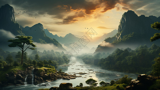 山谷景观迷雾笼罩的山间景观插画