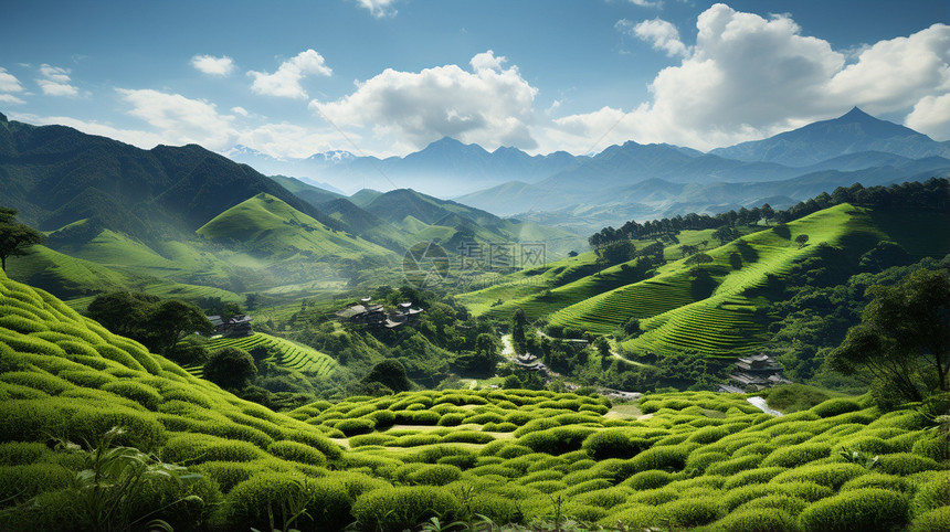 夏季山间的茶山景观图片