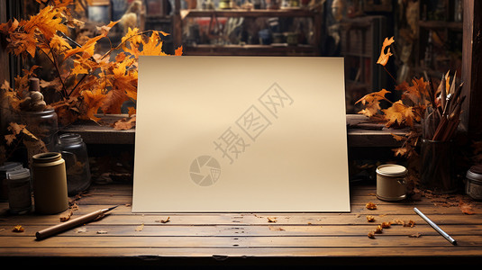 木桌上的空白纸张设计图片